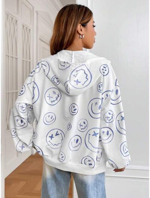 SHEIN EZwear Cartoon Face Print Drop Shoulder Zip Up Hoodie