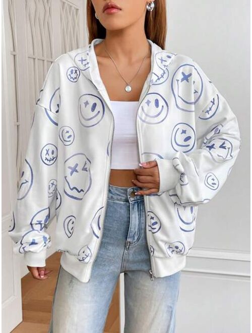 SHEIN EZwear Cartoon Face Print Drop Shoulder Zip Up Hoodie