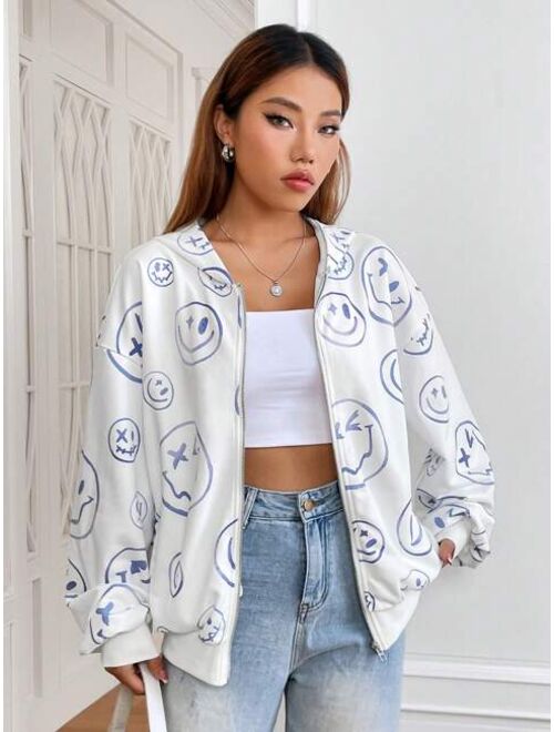 SHEIN EZwear Cartoon Face Print Drop Shoulder Zip Up Hoodie