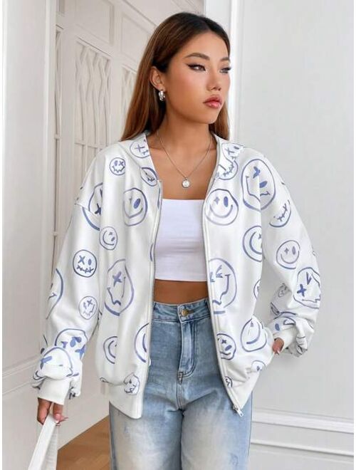 SHEIN EZwear Cartoon Face Print Drop Shoulder Zip Up Hoodie