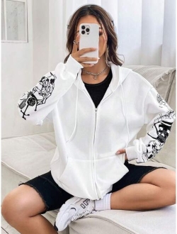 Coolane Skull Floral Print Zip Up Drop Shoulder Drawstring Hoodie