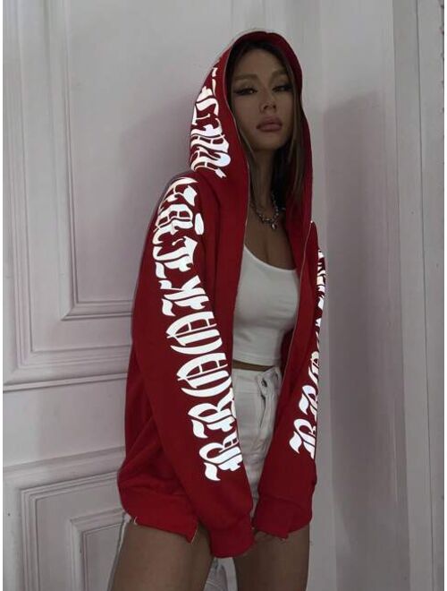 SHEIN Coolane Reflective Letter Graphic Zip Up Hoodie