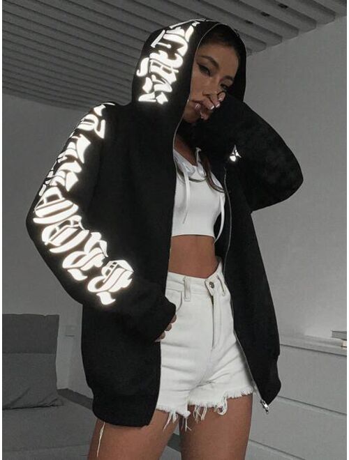 SHEIN Coolane Reflective Letter Graphic Zip Up Hoodie