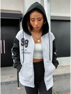 EZwear Letter Graphic Colorblock Drop Shoulder Zip Up Drawstring Hoodie