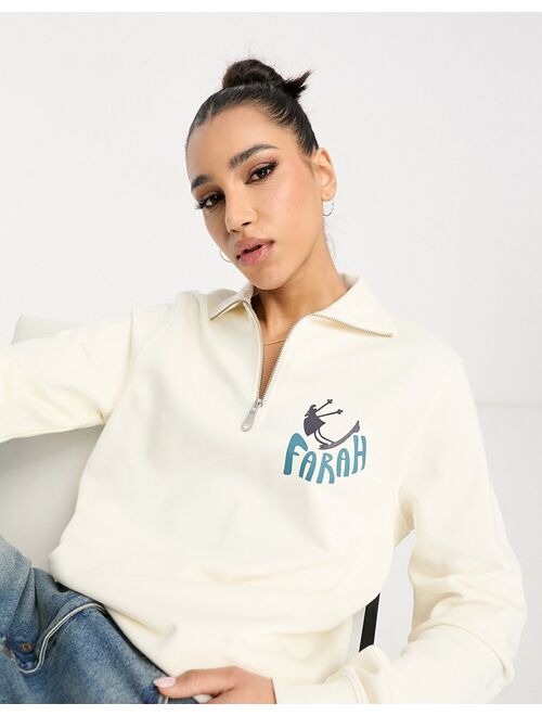 Farah Hoffman 1/4 zip boyfriend fit sweatshirt in off white with back print