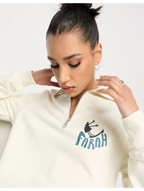 Farah Hoffman 1/4 zip boyfriend fit sweatshirt in off white with back print