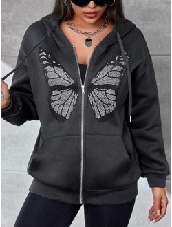 EZwear Rhinestone Butterfly Print Drop Shoulder Zip Up Hoodie