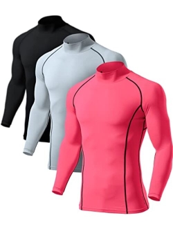 2 or 3 Pack Men's UPF 50  Mock Long Sleeve Compression Shirts, Athletic Workout Shirt, Water Sports Rash Guard