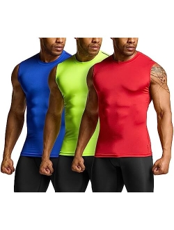 3 Pack Men's Sleeveless Workout Shirts, Dry Fit Running Compression Cutoff Shirts, Athletic Base Layer Tank Top