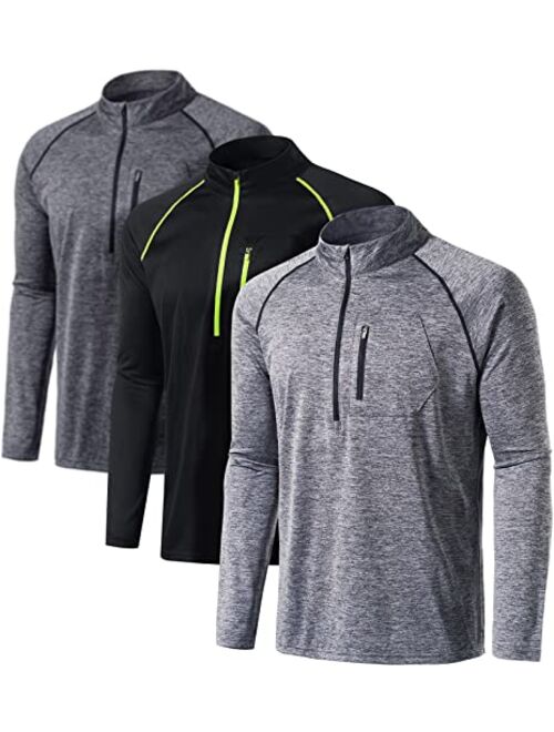 ATHLIO 3 Pack Men's Long Sleeve Athletic Shirts - Quick Dry, UV Sun Protection, and 1/4 Zip Pullover Running Tops for Outdoor