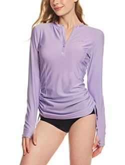 Women's Half-Zip Front Rash Guard, UPF 50  Side Adjustable Long Sleeve Swim Shirts, UV/Sun Protection Swimsuit Top