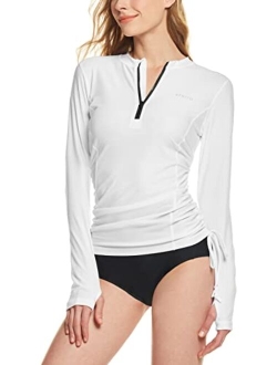 Women's Half-Zip Front Rash Guard, UPF 50  Side Adjustable Long Sleeve Swim Shirts, UV/Sun Protection Swimsuit Top