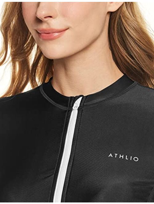 ATHLIO Women's Half-Zip Front Rash Guard, UPF 50+ Side Adjustable Long Sleeve Swim Shirts, UV/Sun Protection Swimsuit Top