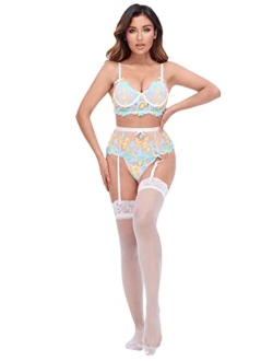 Women's 4 Piece Embroideried Mesh Underwire Garter Lingerie Set with Stockings