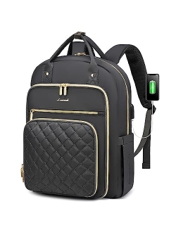 Laptop Backpack for Women, Large Capacity Travel Work Backpacks Purse, Stylish Quilted Water Resistant Nurse Teacher Computer Bag with USB Port, Fits 15.6 Inch L