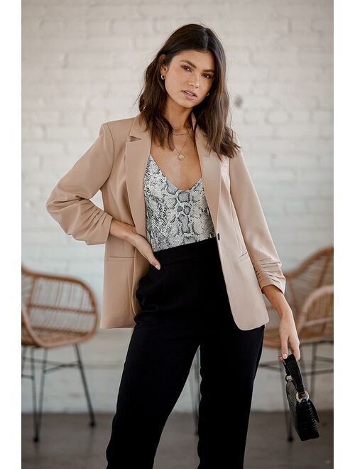 Lulus Here for Business Taupe Ruched Blazer