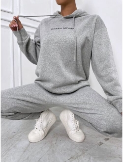 EZwear Letter Embroidery Drop Shoulder Hoodie & Sweatpants