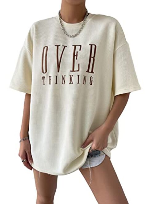 SOLY HUX Women's Casual Letter Embroidery T Shirts Half Sleeve Oversized Tee Summer Tops