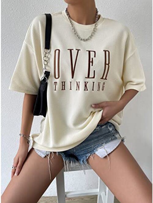 SOLY HUX Women's Casual Letter Embroidery T Shirts Half Sleeve Oversized Tee Summer Tops