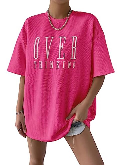 SOLY HUX Women's Casual Letter Embroidery T Shirts Half Sleeve Oversized Tee Summer Tops