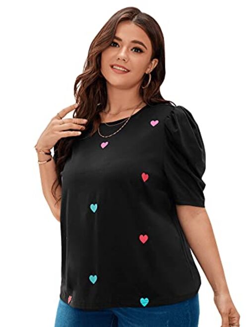 SOLY HUX Women's Plus Size Heart Print Puff Short Sleeve Tee Summer T Shirt Top