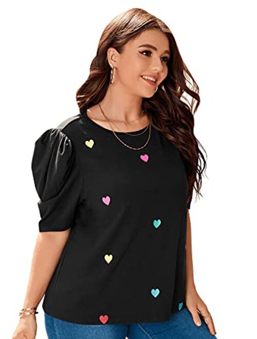 SOLY HUX Women's Plus Size Heart Print Puff Short Sleeve Tee Summer T Shirt Top