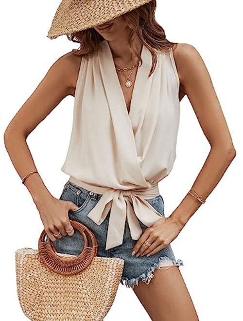 SOLY HUX Women's V Neck Wrap Tie Front Sleeveless Summer Blouse Top