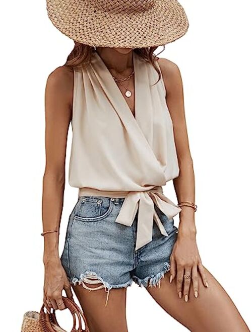 SOLY HUX Women's V Neck Wrap Tie Front Sleeveless Summer Blouse Top