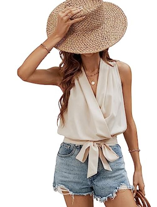 SOLY HUX Women's V Neck Wrap Tie Front Sleeveless Summer Blouse Top