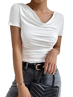 Women's Cowl Neck Ruched Short Sleeve T Shirt Summer Solid Tee Tops