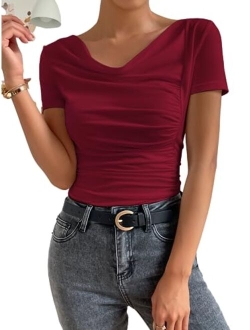 Women's Cowl Neck Ruched Short Sleeve T Shirt Summer Solid Tee Tops