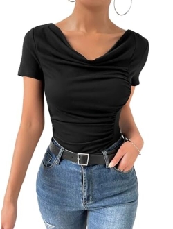 Women's Cowl Neck Ruched Short Sleeve T Shirt Summer Solid Tee Tops