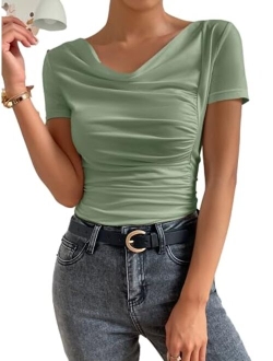 Women's Cowl Neck Ruched Short Sleeve T Shirt Summer Solid Tee Tops