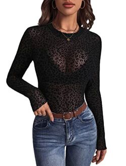 Women's Sexy Sheer Mesh T Shirts Leopard Print Long Sleeve Tee Tops