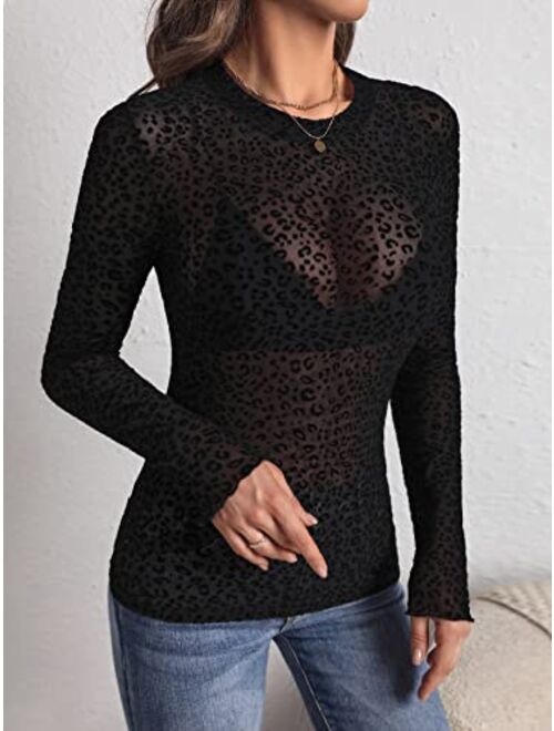 SOLY HUX Women's Sexy Sheer Mesh T Shirts Leopard Print Long Sleeve Tee Tops