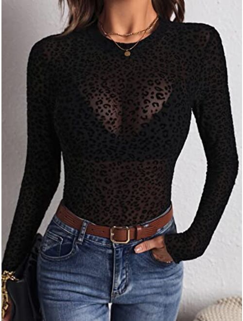 SOLY HUX Women's Sexy Sheer Mesh T Shirts Leopard Print Long Sleeve Tee Tops