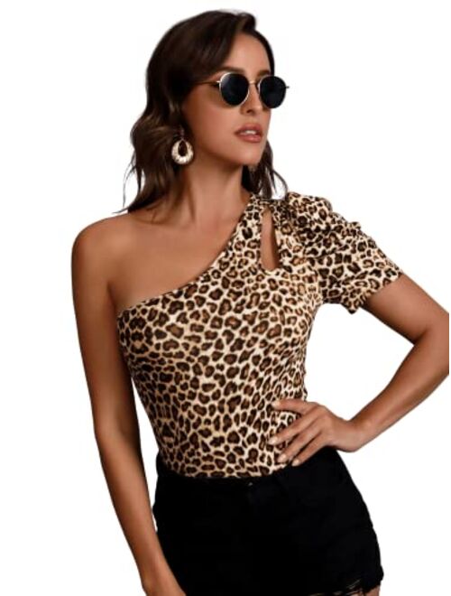 SOLY HUX Women's Leopard Print One Shoulder Tee Tops Cut Out Puff Short Sleeve Summer T Shirt