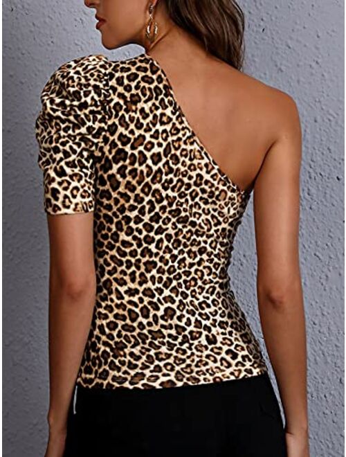 SOLY HUX Women's Leopard Print One Shoulder Tee Tops Cut Out Puff Short Sleeve Summer T Shirt