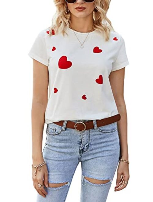 SOLY HUX Women's Heart Print Short Sleeve T Shirts Round Neck Summer Tee Tops