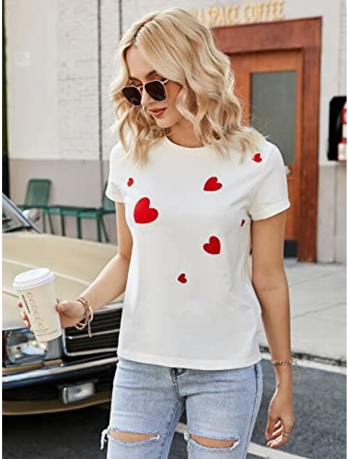 SOLY HUX Women's Heart Print Short Sleeve T Shirts Round Neck Summer Tee Tops