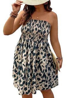 Women's Plus Size Allover Print Shirred Strapless Tube Dress Sleeveless A Line Short Dresses