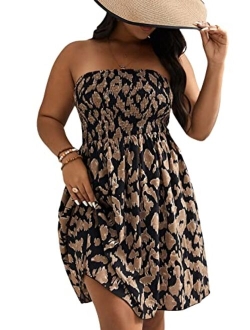 Women's Plus Size Allover Print Shirred Strapless Tube Dress Sleeveless A Line Short Dresses