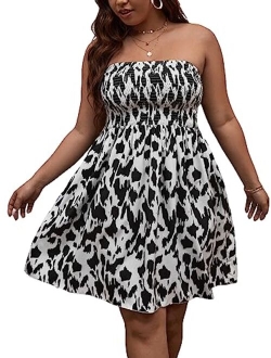 Women's Plus Size Allover Print Shirred Strapless Tube Dress Sleeveless A Line Short Dresses