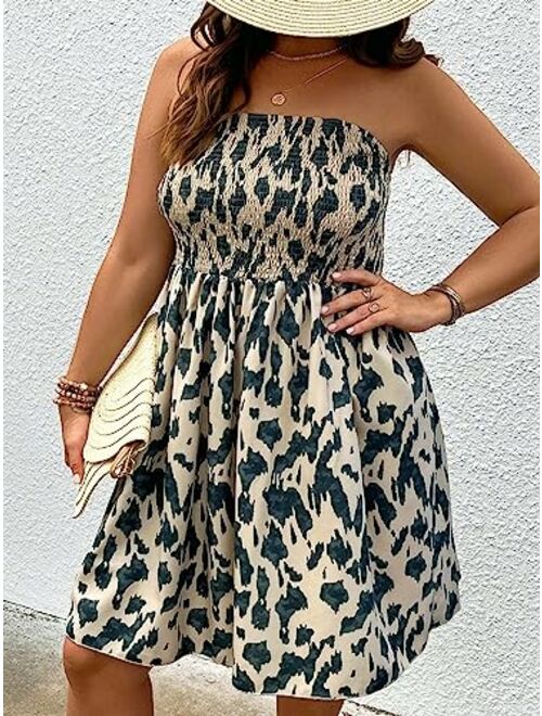 SOLY HUX Women's Plus Size Allover Print Shirred Strapless Tube Dress Sleeveless A Line Short Dresses