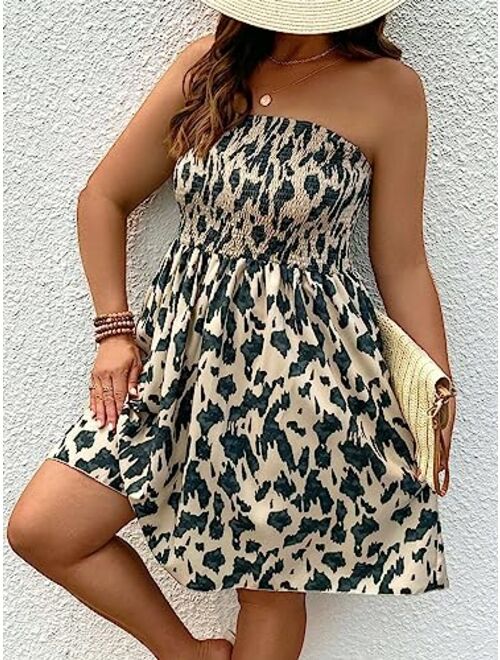 SOLY HUX Women's Plus Size Allover Print Shirred Strapless Tube Dress Sleeveless A Line Short Dresses