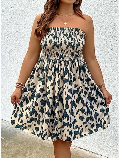 SOLY HUX Women's Plus Size Allover Print Shirred Strapless Tube Dress Sleeveless A Line Short Dresses