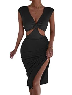 Women's Sleeveless Deep V Neck Twist Front Cut Out Split Hem Bodycon Dress