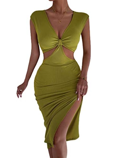 SOLY HUX Women's Sleeveless Deep V Neck Twist Front Cut Out Split Hem Bodycon Dress