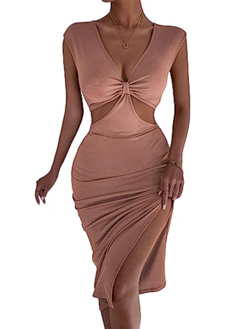 SOLY HUX Women's Sleeveless Deep V Neck Twist Front Cut Out Split Hem Bodycon Dress