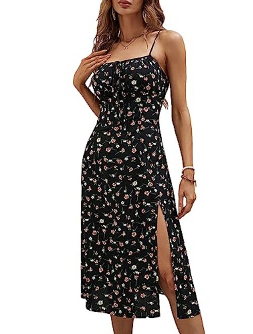 SOLY HUX Women's Summer Ditsy Floral Print Tie Front Split Hem Cami Dress Spaghetti Strap Midi Dresses